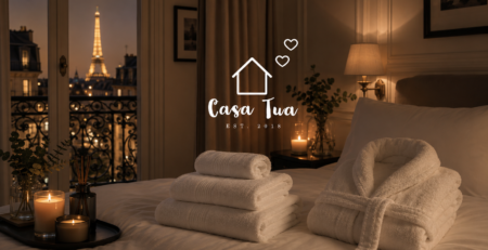 Habitación de hotel de lujo inspirada en París con ropa de cama blanca, bata y toallas de algodón blanco de Casa Tua, velas encendidas y vista a la Torre Eiffel.